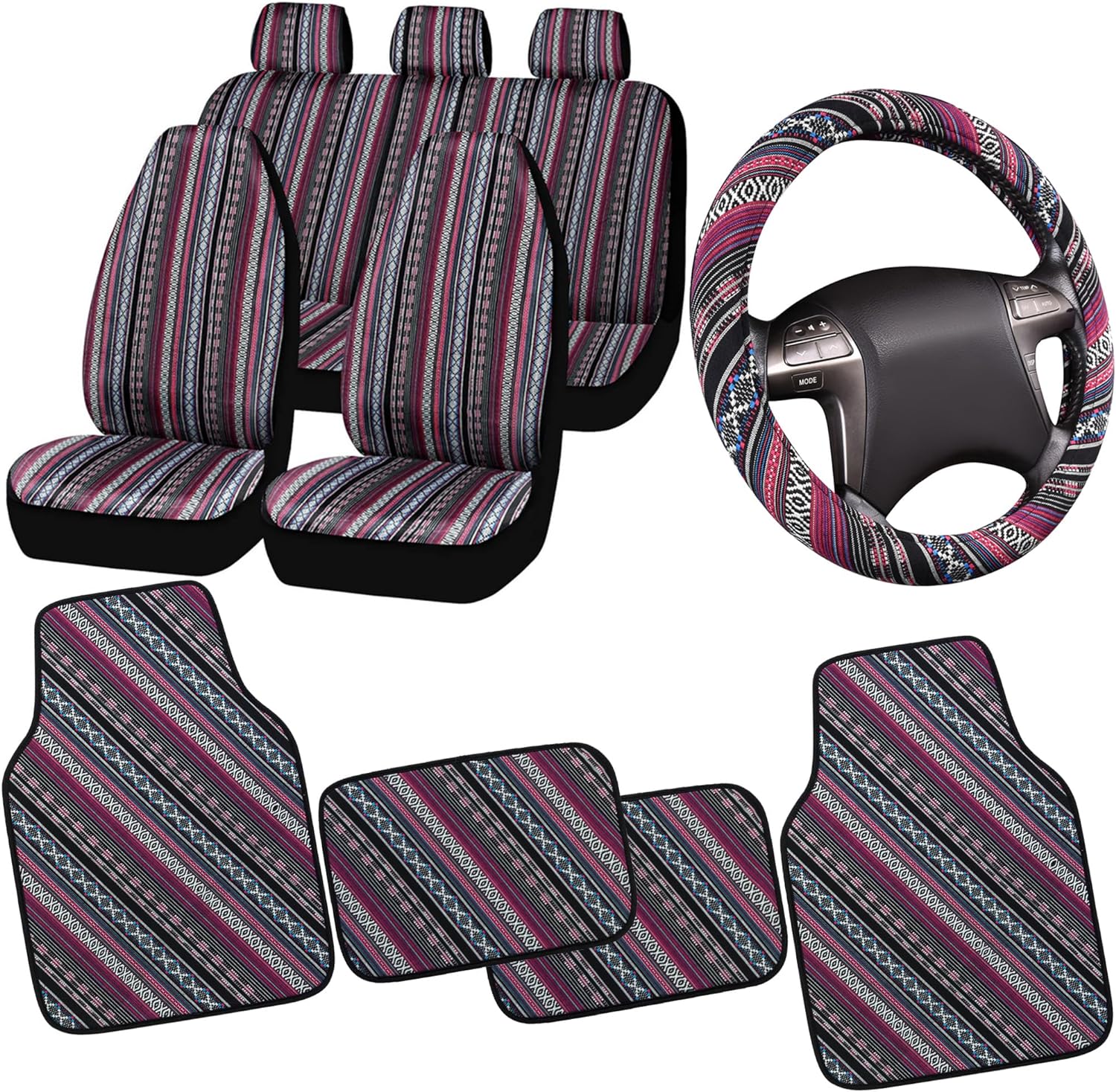 CAR PASS Ethnic Boho Bundle Car Floor Mats with Car Seat Covers Full Set and Steering Wheel Cover, Universal Fit for Convertible Coupe Hatchback Pickup Sedan SUV Wagon Truck