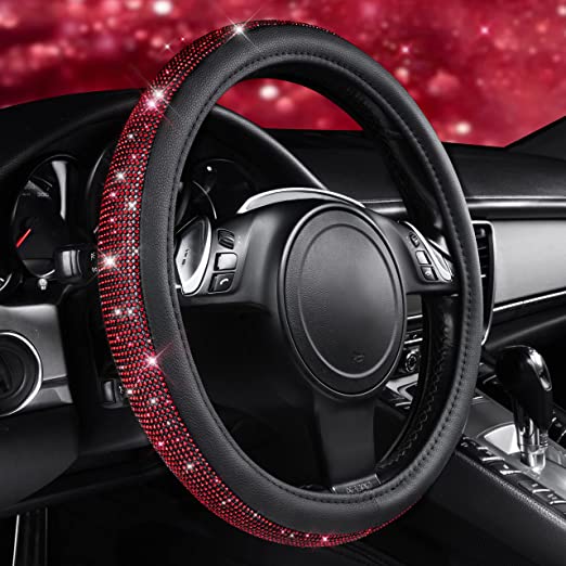 Rhinestones Diamond Bling Steering Wheel Cover, Fit for Suvs,Vans,Sedans,Cars,Trucks-Red