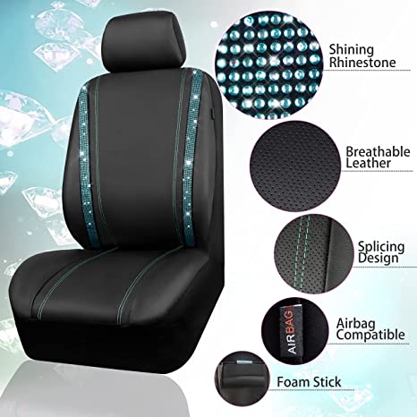 Bling Car Seat Cover Shining Rhinestone Diamond Bucket Universal Two Front Faux Leather Seat Covers-Mint