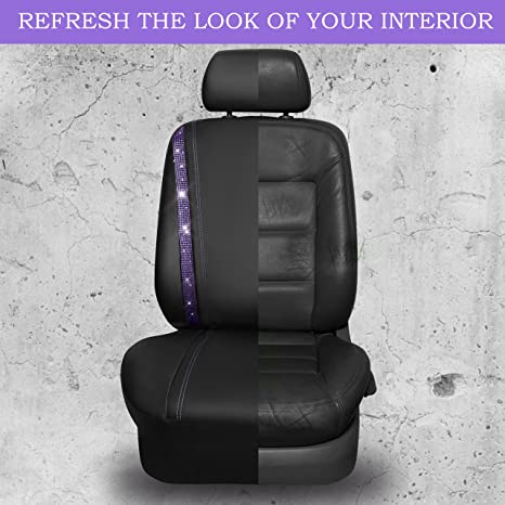Bling Car Seat Cover Shining Rhinestone Diamond Bucket Universal Two Front Faux Leather Seat Covers-Purple