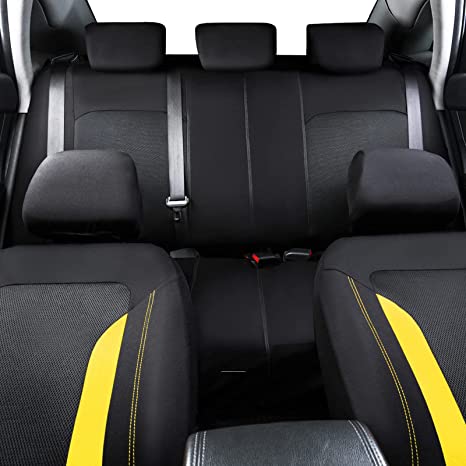 Breathable Sporty Car Seat Covers Airbag and Rear Split Bench 3 Zipper Compatible-Black Yellow