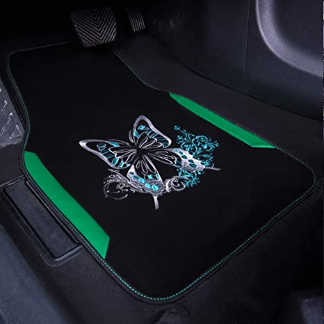 Embroidery Butterfly and Flower Universal Fit Car Floor Mats, Fit for Suvs,Sedans,Trucks,Cars, Set of 4-Green Butterfly Face