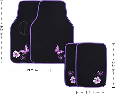 Embroidery Butterfly and Flower Universal Fit Car Floor Mats, Fit for Suvs,Sedans,Trucks,Cars, Set of 4-Purple Butterfly Flower
