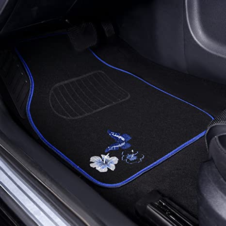 Embroidery Butterfly and Flower Universal Fit Car Floor Mats, Fit for Suvs,Sedans,Trucks,Cars, Set of 4-Blue Butterfly Flower