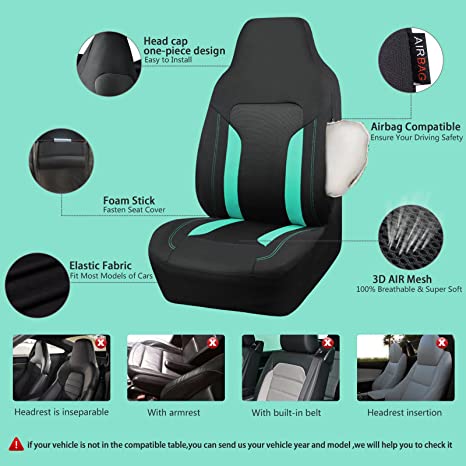 Breathable Sporty Car Seat Covers Airbag and Rear Split Bench 3 Zipper Compatible-Black Mint