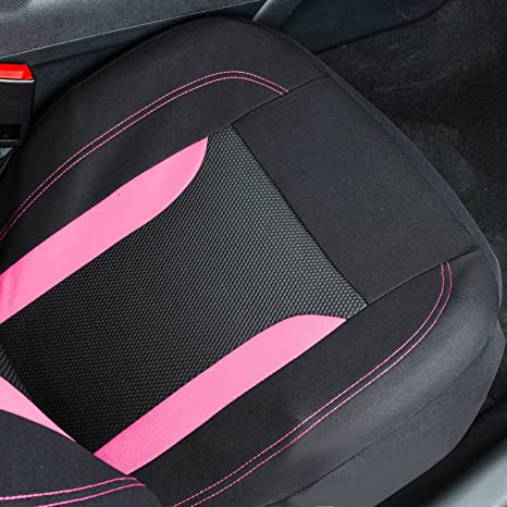 Breathable Sporty Car Seat Covers Airbag and Rear Split Bench 3 Zipper Compatible-Black Pink