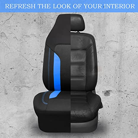 Breathable Sporty Car Seat Covers Airbag and Rear Split Bench 3 Zipper Compatible-Black&Blue