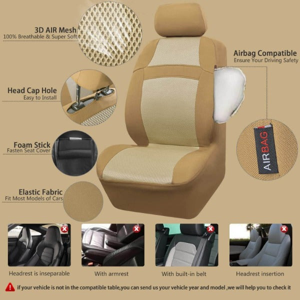 Rainbow Universal Fit 3D Air Mesh Car Seat Cover with 5mm Composite Sponge Inside-Pure Beige