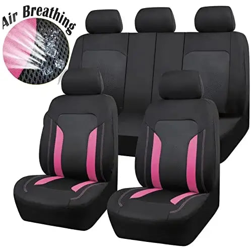 Breathable Sporty Car Seat Covers Airbag and Rear Split Bench 3 Zipper Compatible-Black Pink